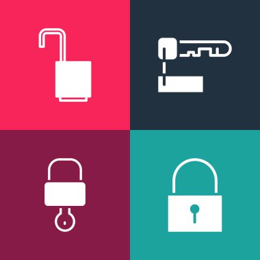 Pop sanat kilidini ve anahtarı işaretli ve açık asma kilit simgesine ayarla. Vektör.