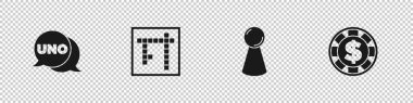 Uno kart oyunu, Bingo, tahta için çip ve dolar simgesi ile kumarhane çipi ayarla. Vektör.