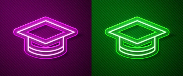 Glowing Neon Line Graduation Cap Icon 보라색 배경에 분리되었다 아이콘 — 스톡 벡터