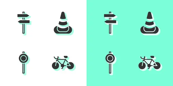 Set Bicycle Road Traffic Signpost Traffic Cone Icon Vector — Stock Vector