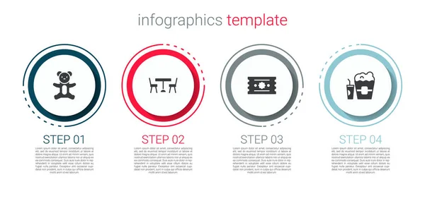 Set Teddy Bear Plush Toy Picnic Table Chairs Ticket Popcorn — Stock Vector