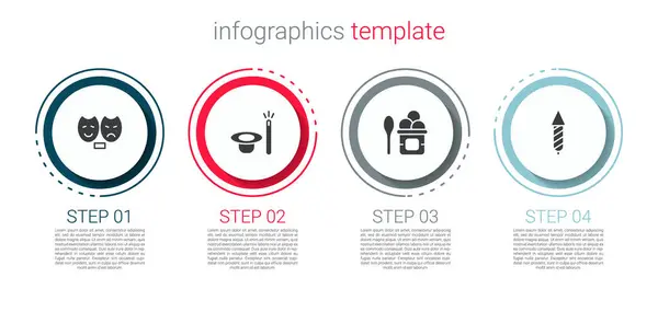 设置喜剧和悲剧面具 魔帽棒 冰淇淋碗和烟火火箭 业务信息模板 — 图库矢量图片