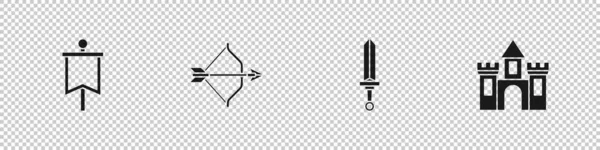 Mittelalterliche Flagge Pfeil Und Bogen Schwert Und Burg Festungssymbol Vektor — Stockvektor