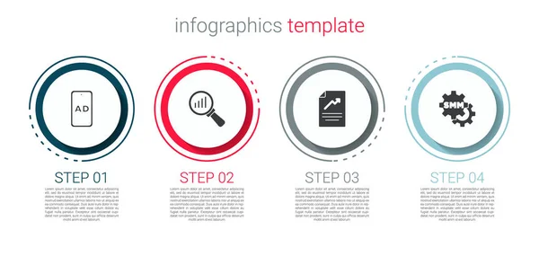 Set Pubblicità Lente Ingrandimento Analisi Documento Con Grafico Social Media — Vettoriale Stock