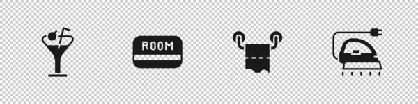 采购产品设置马丁尼玻璃 酒店钥匙卡 卫生纸辊和电熨斗图标 — 图库矢量图片