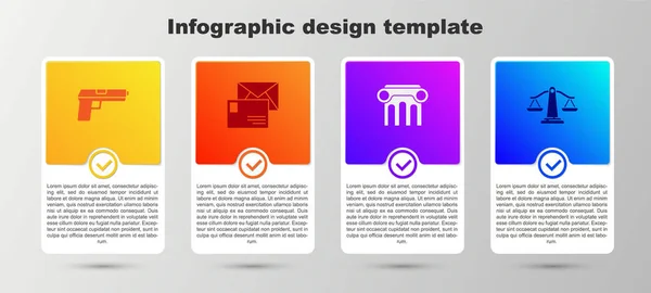 Set Pistola Pistola Sobre Pilar Derecho Escalas Justicia Plantilla Infografía — Vector de stock