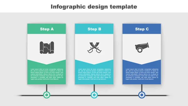 Ustaw Mapę Skarbów Piratów Skrzyżowane Miecze Piratów Cannon Szablon Infograficzny — Wektor stockowy