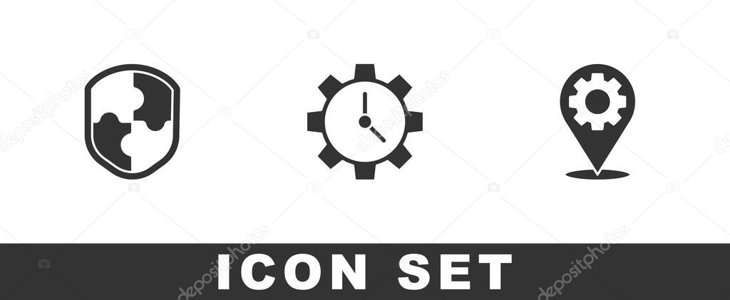 Set Shield, Time Management and Location with gear icon. Vector.
