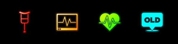 Zestaw Crutch Lub Kule Monitor Kardiogramem Tętno Ikona Domu Opieki — Wektor stockowy