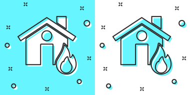 Yanan ev ikonundaki siyah çizgi yangını yeşil ve beyaz arka planda izole edildi. Rastgele dinamik şekiller. Vektör.