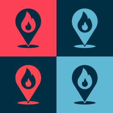 Renk arkaplanında ateş alev ikonu olan pop sanat haritası işaretçisi. Yakında yangın var. Vektör.