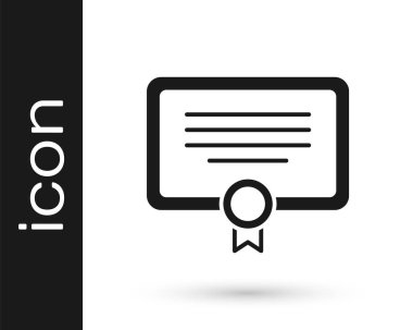 Beyaz arkaplanda siyah sertifika şablon simgesi izole edildi. Başarı, ödül, diploma, burs, diploma. İş başarısı sertifikası Vektör.