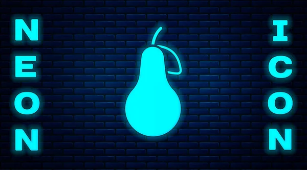 Gloeiende Neon Peer Pictogram Geïsoleerd Baksteen Muur Achtergrond Fruit Met — Stockvector