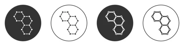 黑色化学配方图标孤立在白色背景 创新医学 研究和科学的六边形 圆形按钮 — 图库矢量图片