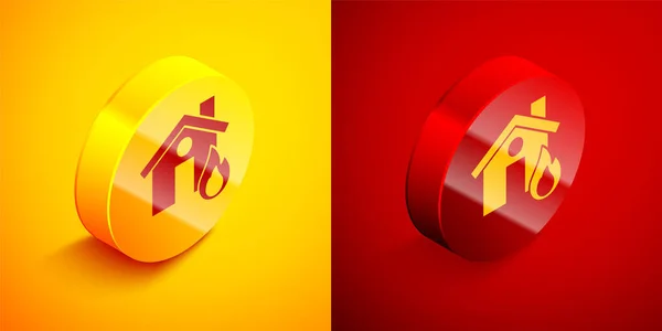 Isometric Fire Burning House Icon Isolated Orange Red Background Circle — Stock Vector