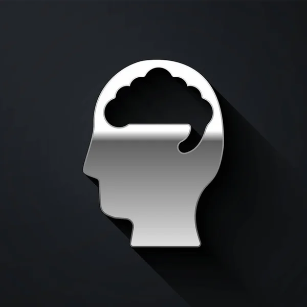 Icono Cerebral Humano Plateado Aislado Sobre Fondo Negro Estilo Sombra — Vector de stock