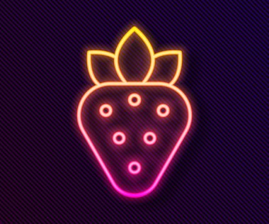 Parlayan neon hattı Çilek simgesi siyah arkaplanda izole edildi. Vektör.