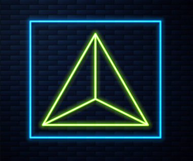 Parlayan neon hattı Geometrik figür Tetrahedron simgesi tuğla duvar zemininde izole edildi. Soyut şekil. Geometrik süs. Vektör.