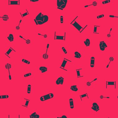 Kaykay numarası, beysbol eldiveni, tenis raketi ve voleybol ağı. Vektör.