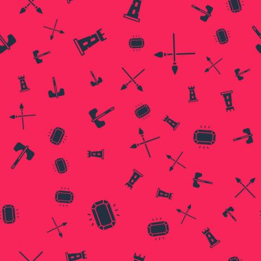 Elmas, kale kulesi, ortaçağ baltası ve çapraz ortaçağ mızrakları kusursuz desenli. Vektör.