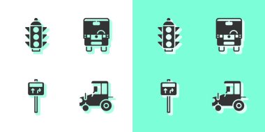 Traktör, trafik ışığı, trafik levhası ve otobüs simgesini ayarlayın. Vektör.