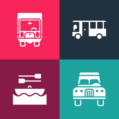 Pop Art Car 'ı, kürekli tekneyi, otobüs ve teslimat kamyonu ikonunu ayarla. Vektör.