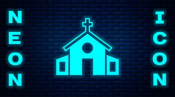 Icono Del Edificio Iglesia Neón Brillante Aislado Fondo Pared Ladrillo — Vector de stock