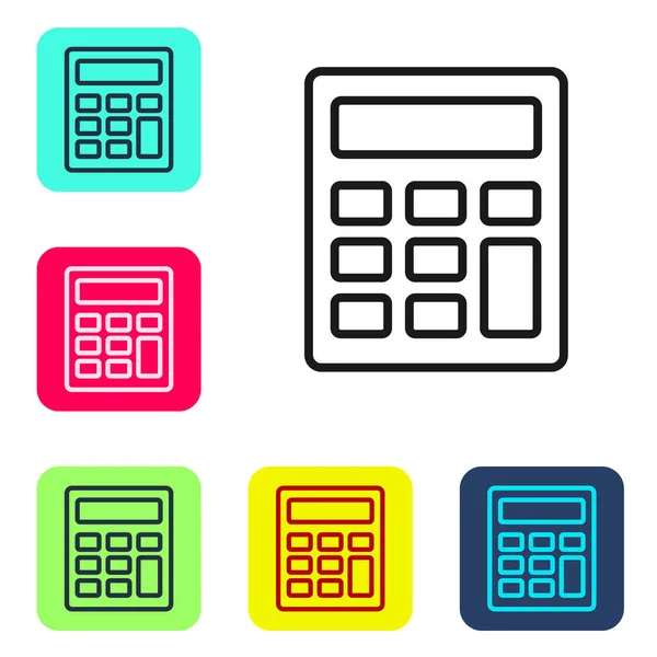 黑线计算器图标孤立在白色背景上 会计符号 商业计算 教育和金融 在彩色正方形按钮中设置图标 — 图库矢量图片