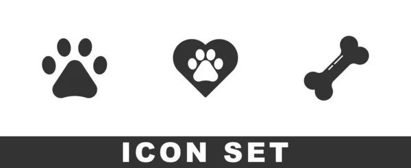 Set Paw Print Corazón Con Huella Animal Icono Hueso Perro — Archivo Imágenes Vectoriales