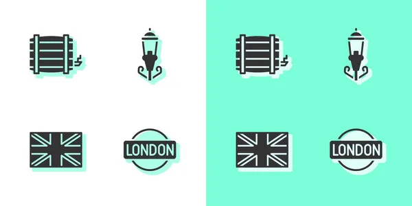 London Schild Holzfass Flagge Von Großbritannien Und Vintage Straßenlaternen Ikone — Stockvektor