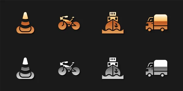 Set Traffic Cone Bicycle Cargo Ship Delivery Cargo Truck Icon — Stockový vektor