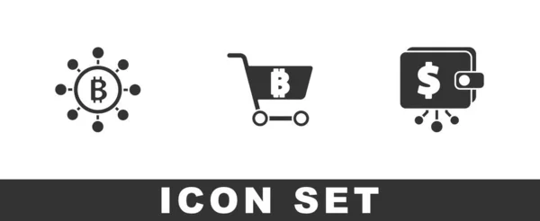 Définir Technologie Blockchain Bitcoin Panier Avec Bitcoin Crypto Monnaie Icône — Image vectorielle