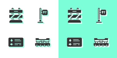 Kargo vagonunu, tren raylarının sonunu trafik levhası ve kafe ile restoran konumu ikonunu ayarlayın. Vektör.