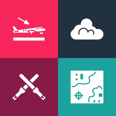 Pop Art World seyahat haritasını, Marshalling asalarını, Bulut hava durumunu ve uçak iniş ikonunu ayarla. Vektör.