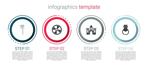 设置魔法杖 圆形木制盾牌 要塞和毒药在瓶子里 业务信息模板 — 图库矢量图片