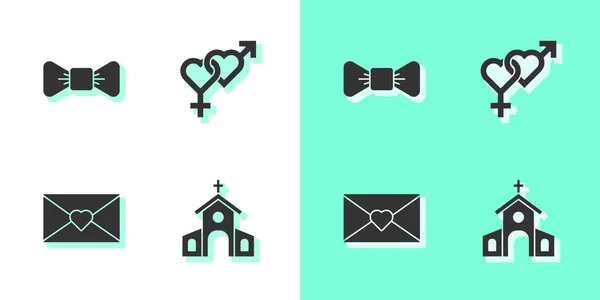 教会の建物を設定します 弓ネクタイ バレンタインハートと性別のアイコンとエンベロープ ベクトル — ストックベクタ