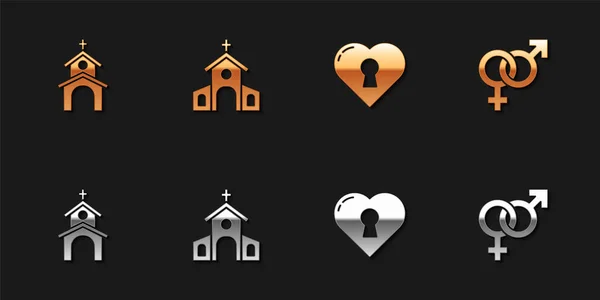 Set Bâtiment Église Coeur Avec Trou Serrure Icône Genre Vecteur — Image vectorielle
