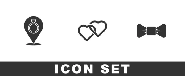 Set Wedding Rings Two Linked Hearts Bow Tie Icon Vektor — Stockový vektor