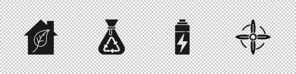 Çevre dostu ev, geri dönüşümlü çöp torbası, batarya ve rüzgar türbini ikonu. Vektör.