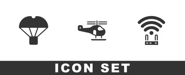 Set Box Fliegen Auf Fallschirm Hubschrauber Und Router Und Signal — Stockvektor