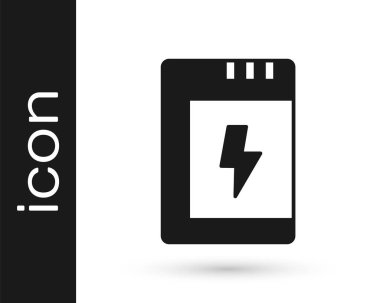 Kamera simgesi için siyah pil beyaz arkaplanda izole edildi. Şimşek sembolü. Vektör.