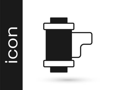 Siyah Kamera klasik film rulo kartuş simgesi beyaz arka planda izole edildi. 35 mm 'lik film kutusu. Film şeridi fotoğrafçı ekipmanı. Vektör.