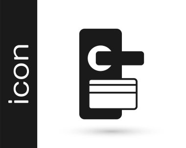 Beyaz arkaplanda izole edilmiş ikonu açmak için kablosuz teknolojiye sahip siyah dijital kapı kilidi. Kapı kolu tabelası. Güvenlik akıllı ev. Vektör.