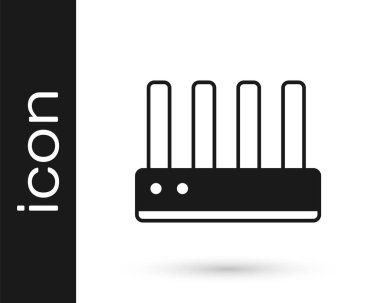 Siyah Yönlendirici ve Wi-Fi sinyal simgesi beyaz arkaplanda izole edildi. Kablosuz ethernet modem yönlendirici. Bilgisayar teknolojisi interneti. Vektör.