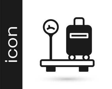 Beyaz arkaplanda izole edilmiş bavul simgesiyle siyah ölçek. Lojistik ve teslimat. Dağıtım paketinin ağırlığı bir ölçekte. Vektör.