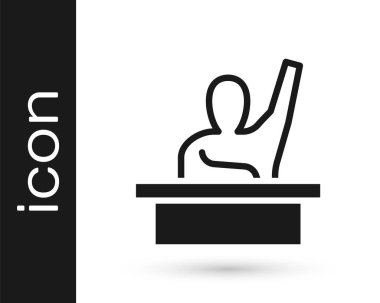 Siyah aktif erkek çocuk, beyaz arka planda izole edilmiş soru ikonuna cevap veriyor. Bir ilkokul öğrencisi elini kaldırır. Vektör.