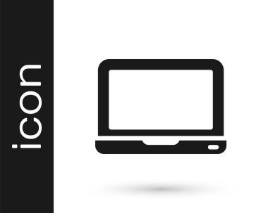 Beyaz arkaplanda siyah dizüstü bilgisayar simgesi izole edildi. Boş ekran işaretli bilgisayar defteri. Vektör.