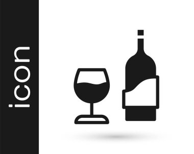 Beyaz arka planda izole edilmiş cam ikonlu siyah şarap şişesi. Vektör.