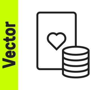 Siyah çizgi kumarhane çipi ve beyaz arka planda izole edilmiş iskambil simgesi. Kumarhane pokeri. Vektör.