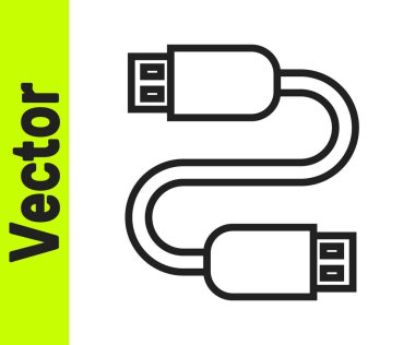 Beyaz arkaplanda siyah çizgi USB kablo ikonu izole edildi. PC ve mobil cihazlar için bağlantı ve soketler. Vektör.